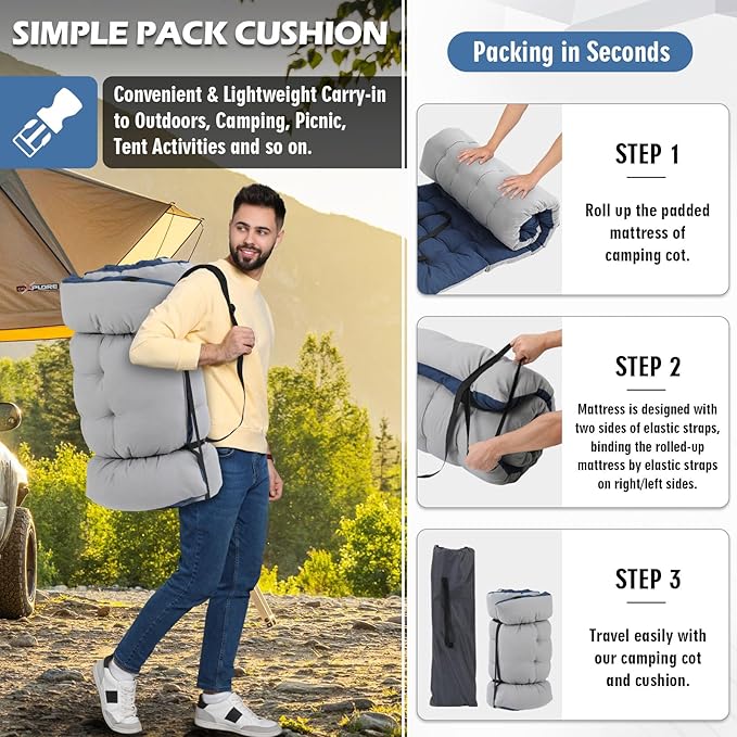 Oversized Folding Camping Cot 32inch w/Mattress, Heavy Duty Portable Sleeping Cot with Carry Bag, Double Layer Oxford Travel Camp Cots for Outdoors & Indoors, Suit for Adults Kids ,Navy/Grey