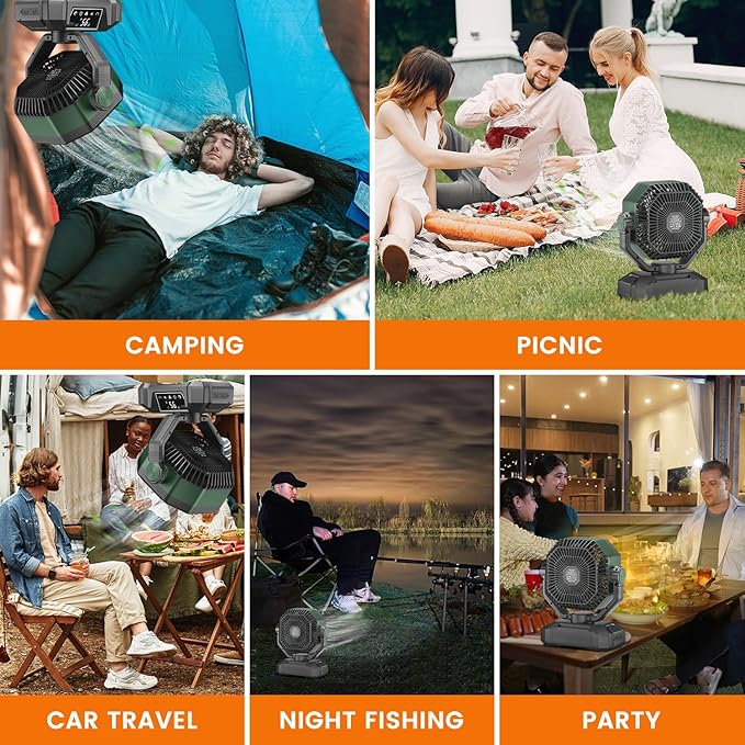 Camping Fan Rechargeble - Portable Battery Powered Fan 20000mAh with LED Lantern Light, Oscillating Tent Fan with Remote, USB Output, Dual Motor, Camping Fans for Tents, Travel, Home (Forest Green)