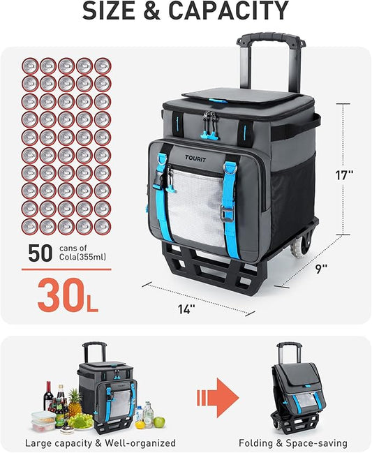 TOURIT 30L/50-Can Cooler with Wheels - 16Hrs Ice Retention Rolling Cooler with Retractable Handle & Oversized All-Terrain Tires, PU-Coated Waterproof Soft Cooler Bag for Camping, Beach Travel, Picnics