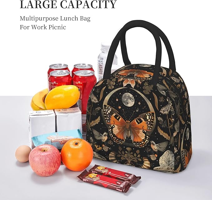 Orange Butterfly Moon Lunch Bag Lunch Box for Women Men Boys Girls, Reusable Insulated Lunch Tote Bag, Leakproof Thermal Cooler Sack Food Handbags High Capacity for Work School Picnic Camping Gifts