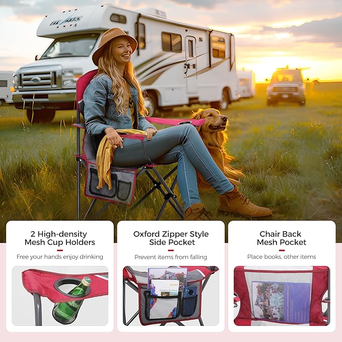 ALPHA CAMP Oversized Mesh Back Camping Folding Chair Heavy Duty Support 350 LBS Collapsible Steel Frame Quad Chair Padded Arm Chair with Cup Holder Portable for Outdoor (Red/Grey)