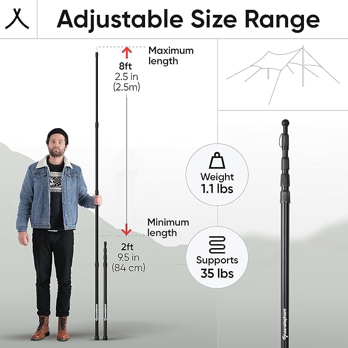 Green Elephant Camping Tarp Poles - Adjustable Aluminum Telescoping Tent Poles for Tarps, Canopy & Awning - Heavy Duty Collapsible Pole Set of 2 - Extends 8ft, Shrinks to 2ft - Caravan & Beach Shade