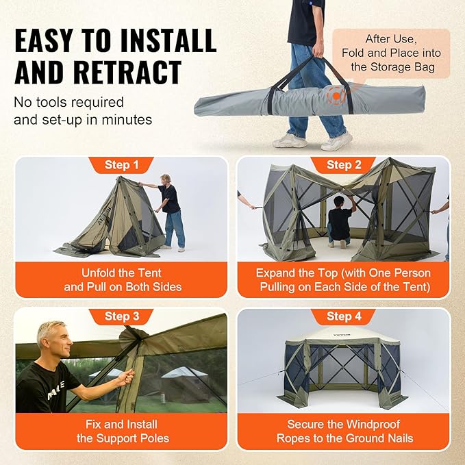 VEVOR Pop Up Gazebo Screen Tent, Instant Gazebo Tent with Mosquito Netting Outdoor Canopy, 6 Sided Sun Shelter 12x12ft w/ 6 Removable Wind Cloths & 2 Mesh Windows, Pavilion Tent for Patio, Army Green