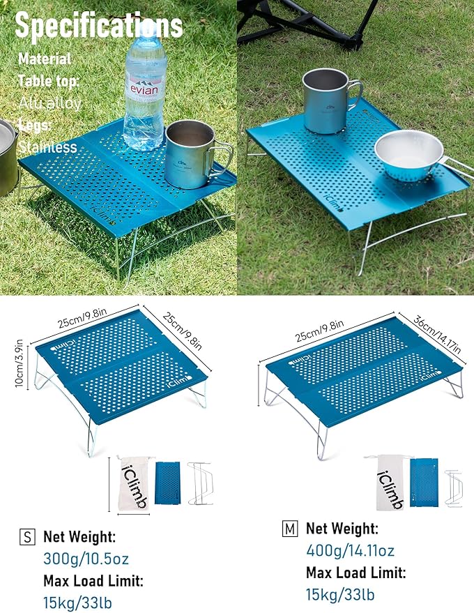 iClimb Mini Solo Folding Table Ultralight Compact for Backpacking Camping Hiking Beach Picnic (Blue - Mini)