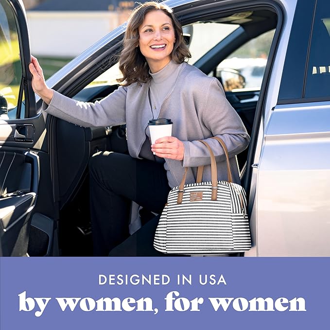 Fit & Fresh Insulated Leakproof & Stain-Resistant Large Lunch Box For Women With Expandable Bottle Pocket, Laketown Lunch Bag Gray Stripe