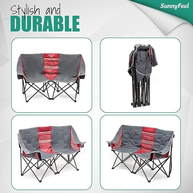 SUNNYFEEL Folding Double Camping Chair, Oversized Loveseat Chair, Heavy Duty Portable/Foldable Lawn Chair with Storage for Outside/Outdoor/Travel/Picnic, Fold Up Camp Chairs for Adults 2 People