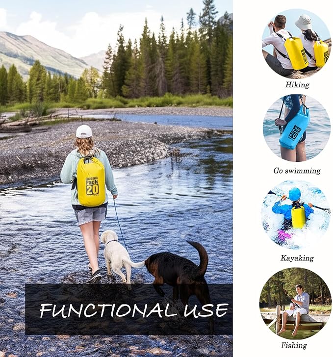 Floating Waterproof Dry Bag Backpack 5L/10L/20L, Roll Top Bag for Kayaking, Rafting, Boating, Swimming, Camping, Hiking, Beach, Fishing, Waterproof Beach Bag. (Yellow, 10L)