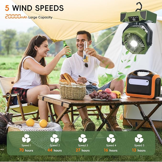 20000mAh Solar Camping Fan, Portable Rechargeable Battery & Solar Powered Fan with 7W Solar Panel, Remote Control, Auto Oscillating, LED Display, Light, Timer for Outdoor Camp, Beach, Travel Tent