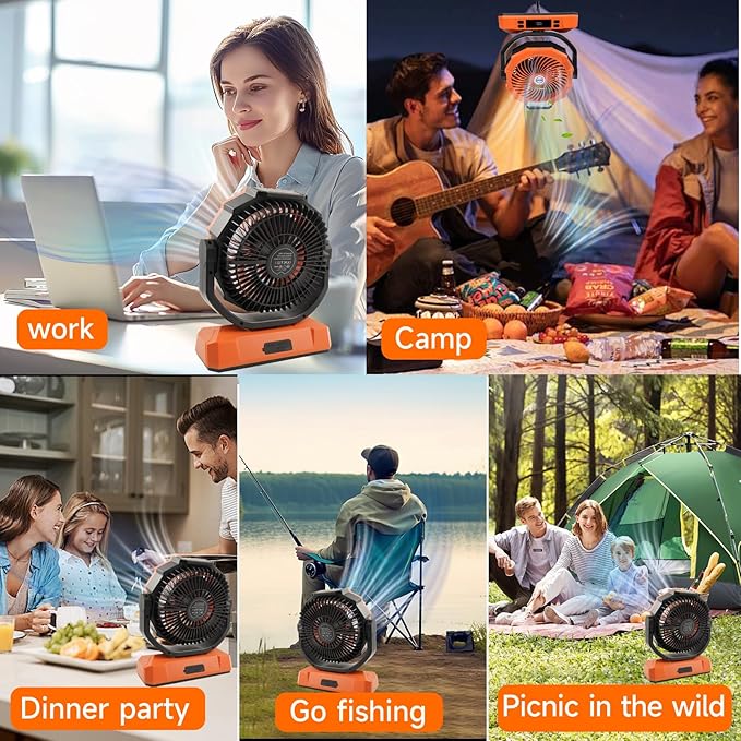 Camping Fan Rechargeable Portable Fan, 40000mAh Battery Powered Fan with LED Light, 6 Wind Speeds Cordless USB Desk Fan for Tent, Travel (Orange)