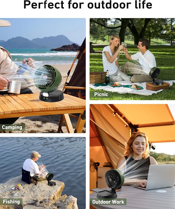 10400mAh Solar Camping Fan with LED Lantern, Rechargeable Portable Fan with 5W Solar Panel, Battery Operated Personal Fan for Outside Picnic, Fishing, Outdoor Tent Fan for Camping Essentials