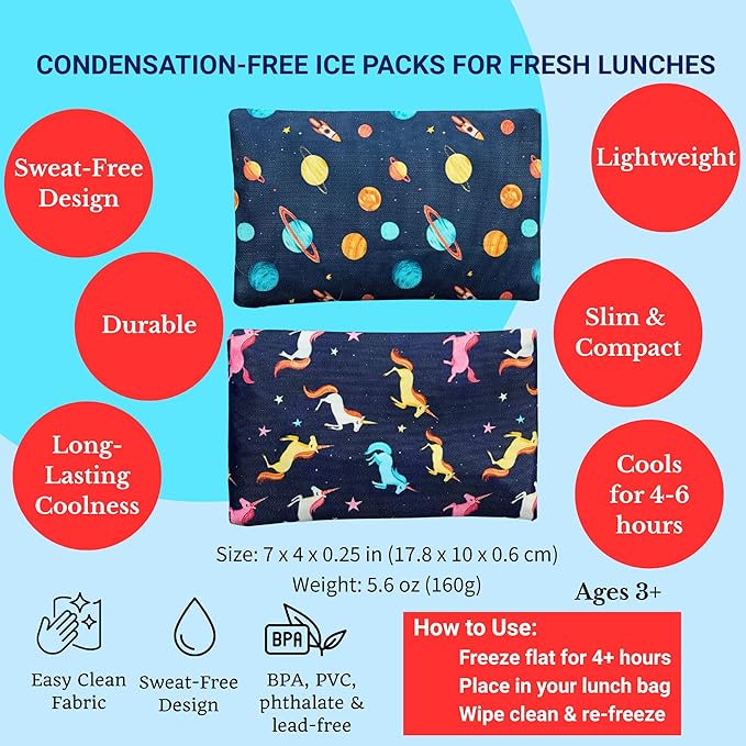 Yumbox Reusable Soft Ice Packs with Fabric Sleeve for Lunch Box and Cooler, Sweatproof, Pack of 2 Gel Ice Packs, Outer Space and Unicorns Prints