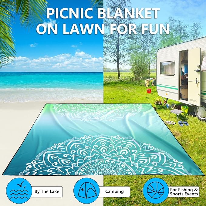 Beach Blanket Waterproof Sandproof Beach Mat 79" X 83" /10'x9'for 2-8 Adults Quick Drying Outdoor Picnic Mat Beach Accessories for Travel, Camping, Hiking