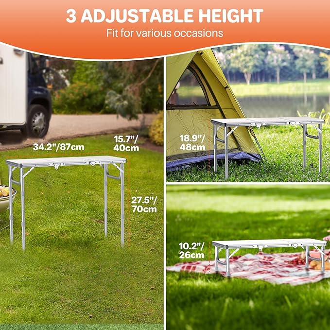 FUNYKICH 3ft Folding Camping Table with 3 Adjustable Height, 34.2'' Lx15.7'' W Portable Picnic Tables, Lightweight Aluminum Outdoor Table with Carry Handle for Camping, Backyard BBQ, Picnic, Beach