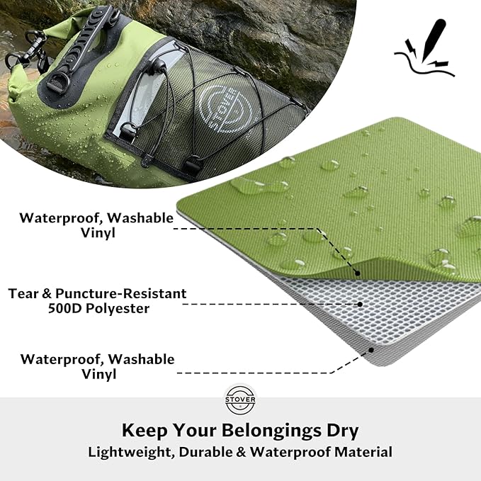 STOVER 5/10/25/30/40/55L Waterproof Dry Backpack- Medium Floating Dry Bag for Kayaking, Travel, Tubing, Hiking, Fishing, Camping, Motorcycles & Beach, Heavy Duty Roll Top Men/Women (Green)