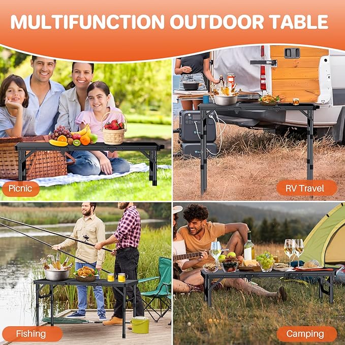 FUNYKICH 3ft Camping Folding Table with 3 Adjustable Height, Portable Small Folding Tables 34.2'' Lx15.7'' W, Lightweight Aluminum Beach Table with Carry Handle for Camping, Backyard BBQ, Picnic