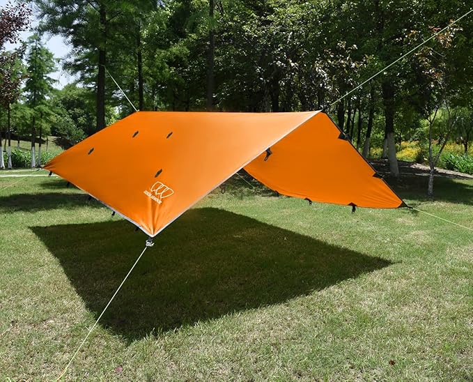 Gold Armour Rainfly Tarp Hammock, Premium 14.7ft/12ft/10ft/8ft Rain Fly Cover, Waterproof Ultralight Camping Shelter Canopy, Survival Equipment Gear Camping Tent Accessories (Orange 14.7ft x 12ft)