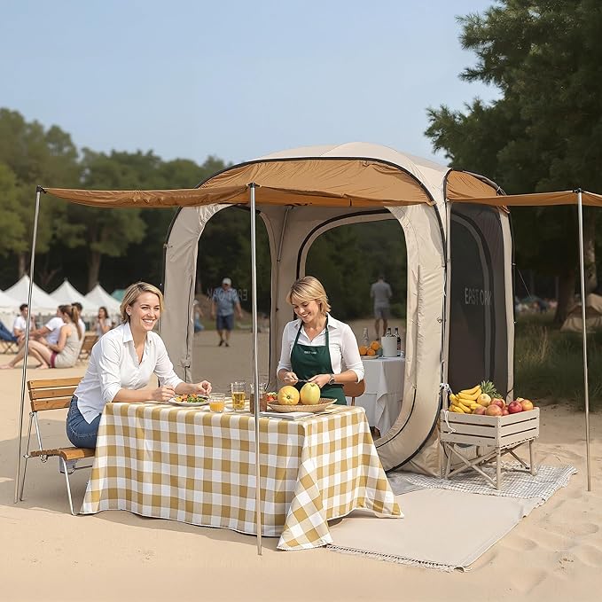 East Oak 6ร6 FT Pop Up Canopy Tent with Mesh | Outdoor Screen House with 4 Sunshades | Instant Canopy with Portable Carry Bag | Gazebo Tent for Camping, Patio, and Beach | Beige