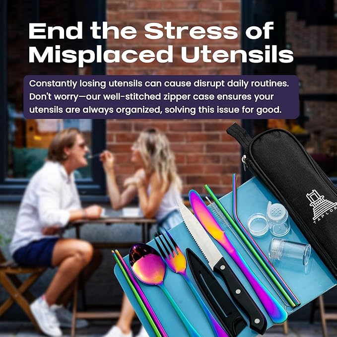 Portable Travel Silverware Set With Case, Includes 10 Pcs of Travel Utensils With Case, Stainless Steel Flatware Set For Camping, Lightweight (Multi-Color)