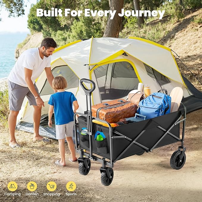 DUMOS Foldable Wagons Carts with All-Terrain Wheels, 120L & 360LBS Portable Garden Wagon Large Capacity Utility Cart with Drink Holders, Heavy Duty Collapsible for Sand, Beach, Gardening (Large Black)