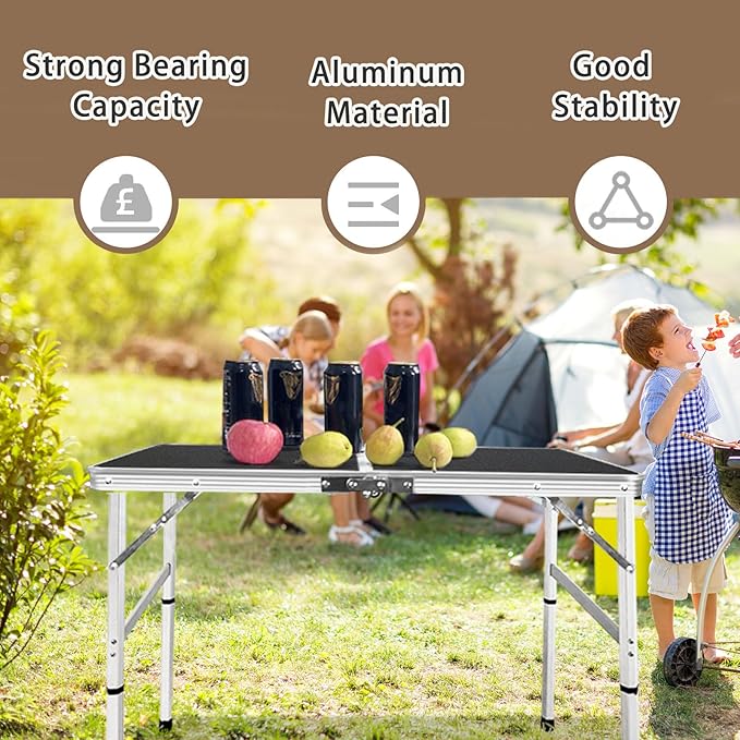 Aluminum Folding Small Table, Adjustable Height Lightweight Portable Camping Table for Picnic Beach Outdoor Indoor (Small) (BlackC)