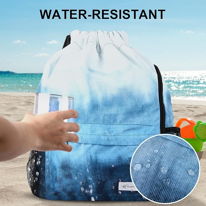 Drawstring Backpack with Mesh Pockets String Gym Bag Sackpack Sandproof Water Resistant Beach Backpack for Men Women