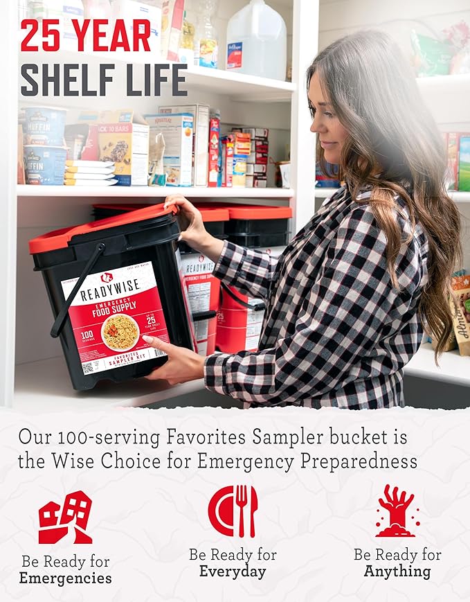 ReadyWise Entrée Bucket - 100 Servings, Emergency Food Supply, Survival Kit, Protein Meals, Dehydrated & Freeze Dried Prepper Food for Camping Essentials Supplies, up to 25 Year Shelf Stable Life