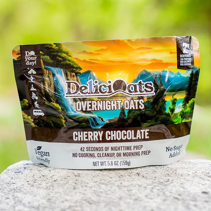 DeliciOats Overnight Oats | Dairy Free, Soy Free, Gluten Free Oatmeal for Backpacking, Camping, Emergency Food, and Everyday Breakfast (Pack of 1, Cherry Chocolate)