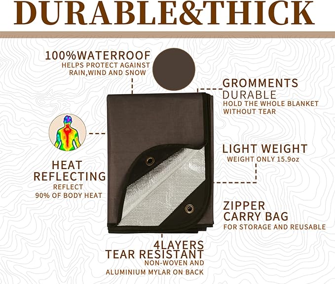 Heavy Duty Survival Blanket -Multifunctional Reflective Tarp Thermal Blanket - 60" x 83" Waterproof Sandproof for Camping Hiking Outdoors Multifunctional Emergency Blanket…