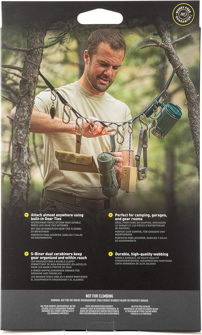 Nite Ize GearLine Hanging Organization System - Gear Ties for Camping, Hiking & Outdoor Activities - Webbing Line with S-Biner Clips & Bendable Ties - Camping Gear Organization - Coyote