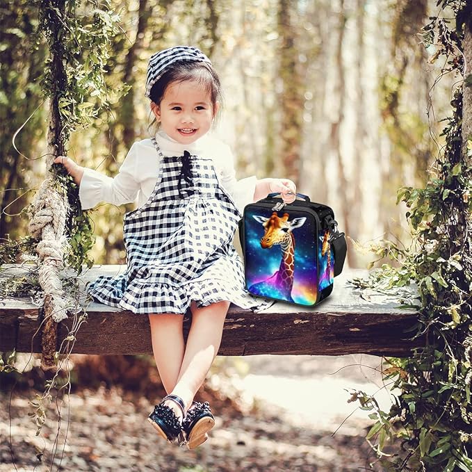 Galaxy Rainbow Giraffe Insulated Lunch Bag for Girls Boys Teen Cute Colorful Reusable Lunch Box with Shoulder Strap Freezable Thermal Cooler Bag Meal Prep for School Travel Picnic Beach Lunch Pail