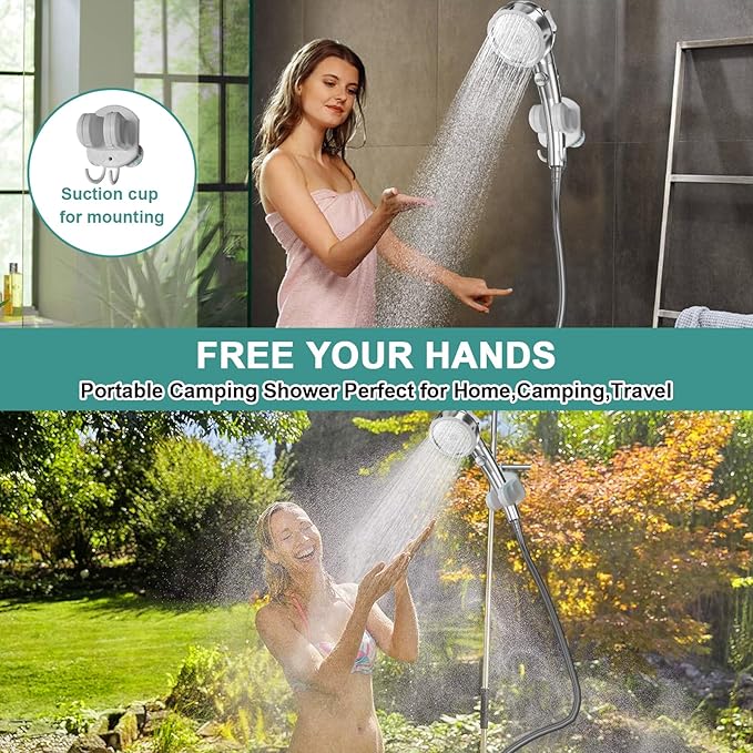 Portable Shower for Camping, Rechargeable Electric Camping Shower Pump with Battery Level Display, Multiple Spray Head with 3-Speed Mode & Pause Button for Outdoor Travel,Hiking, Easy to Store
