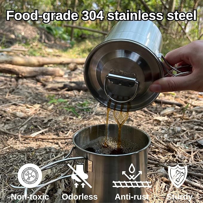 BeGrit Camping Cups Mugs Camping Pot Food Grade 304 Stainless Steel Outdoor Camp Cooking Cookware Set for Hiking Backpacking Hunting