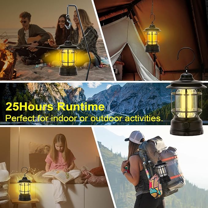 LED Camping Lanterns Rechargeable Portable, Vintage Style Tabletop Lantern, Stepless Dimming, Waterproof - Black, 2 Pack for Camping, Hanging Tent Light, and Power Outages