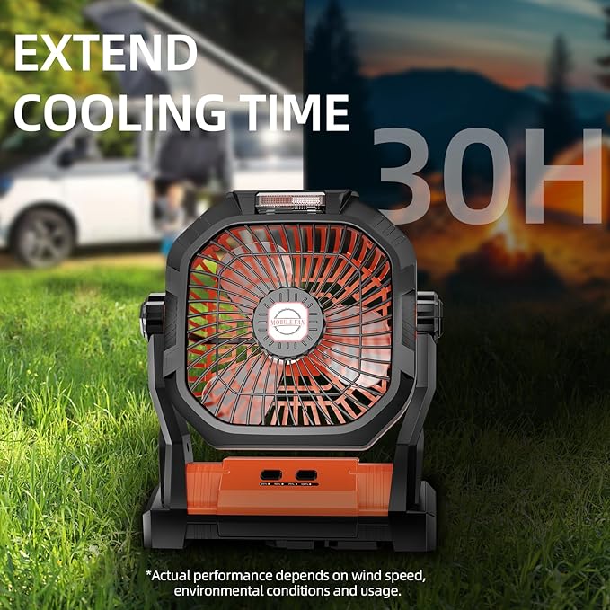 Camping Fan Rechargeable, 20000mAh Battery Powered Portable Fan with LED Light, 4-Speed 180° Adjustable, Camping Essentials for Tent, Travel, Car, Outdoor, Indoor, BBQ, Fishing, Jobsite - Orange