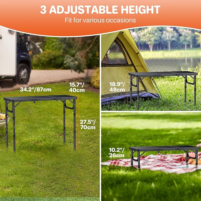 FUNYKICH 3ft Camping Folding Table with 3 Adjustable Height, Portable Small Folding Tables 34.2'' Lx15.7'' W, Lightweight Aluminum Beach Table with Carry Handle for Camping, Backyard BBQ, Picnic