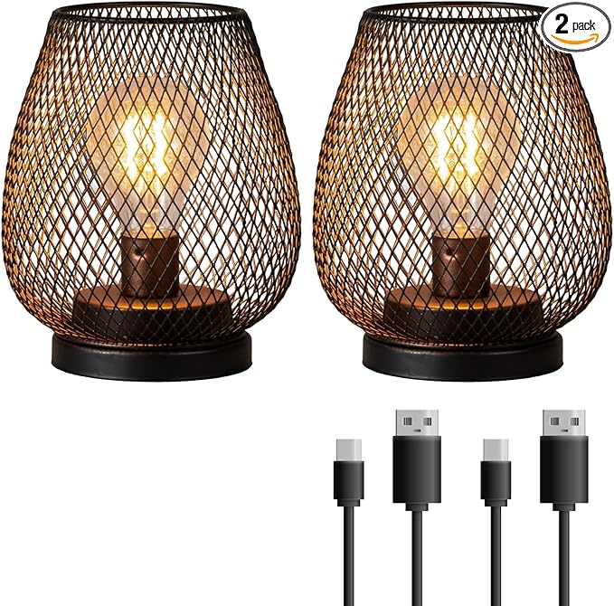 DECORKEY Set of 2 Rechargeable LED Table Lantern, Brown Metal Cage Cordless Lamps with LED Bulb,Vintage Decorative Outdoor Lantern for Weddings, Parties, Patio, Events for Indoors Shelf Decor
