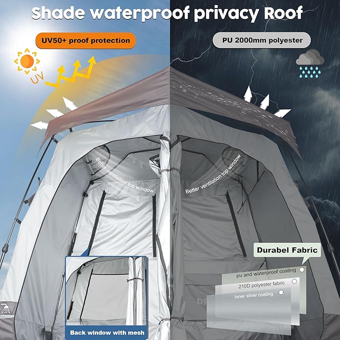 Camping Shower Tent Deluxe Changing Room Easy Set Up Privacy Shelter,Large Toilet Tent with Floor Drain Design for Beach, Camping,Hiking with Stakes and Ropes for Stability