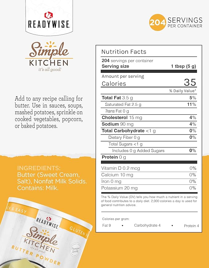 Simple Kitchen Freeze Dried Butter Powder - 204 Servings for Family Meal Prep, Gluten Free & Dehydrated Survival Just Add Water Canned Food, for Camping Meals, Backpacking & Hiking, #10 Can Package