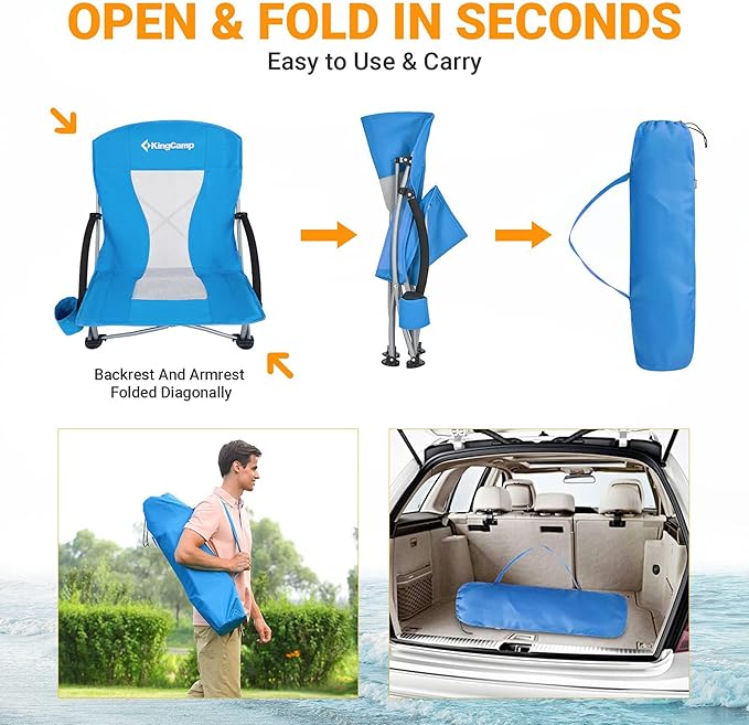 KingCamp Low Beach Chairs, Portable Folding Chair for Adults Extra Wide Ergonomic High Back Seat 300lbs Heavy Duty Lightweight Oversized Gear with Carry Bag for Outdoor Lawn Camping Picnic