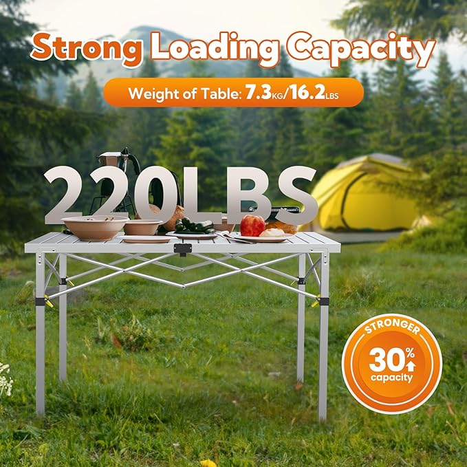 Portable Outdoor Camping Table Large for 2-6 Person - Foldable Camp Table with Aluminum Roll-Up Top & Carry Bag for BBQ, Tailgating, Backyard, 220 Lbs Capacity, Stable & Sturdy (Silver)