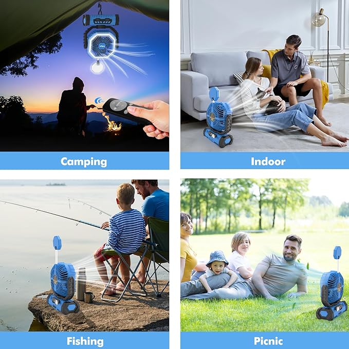 Portable Camping Fan with Led Lantern, 20000mah Rechargeable Battery Outdoor Fan,4 Speed with Remote, Auto Oscillation, 360° Rotation Hook, for Camping, Power Outage,Hurricane, Home (Blue)