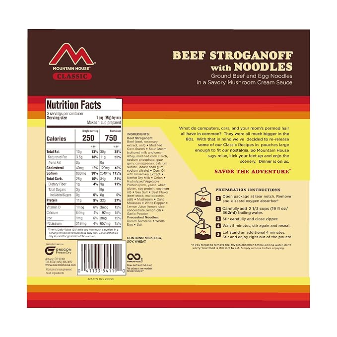 Mountain House Classic Beef Stroganoff with Noodles | Freeze Dried Backpacking & Camping Food | 3 Servings