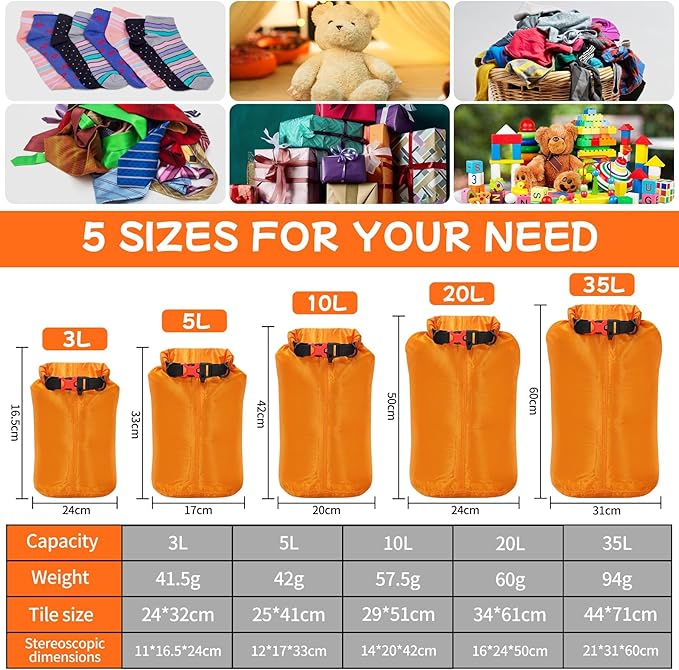 Desoto Waterproof Dry Bag, Roll Top Lightweight Dry Storage Bag with Emergency Whistle for Travel, Orange (5L)