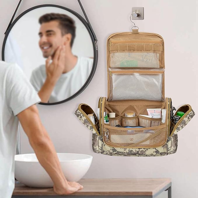 Tactical Toiletry Travel Bag for Men, Hanging Dopp Kit Hygiene Bag Shower Organizer with Hook for Toiletries and Shaving Care, Desert Yellow (Empty Bag)
