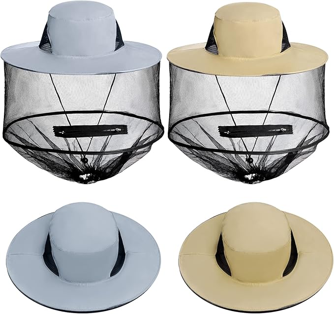 Sucrain 2 Pack Mosquito Head Net Hat Sun Hat Garden Bug Hat with Hidden Net Mesh for Outdoor Gardening Beekeeping