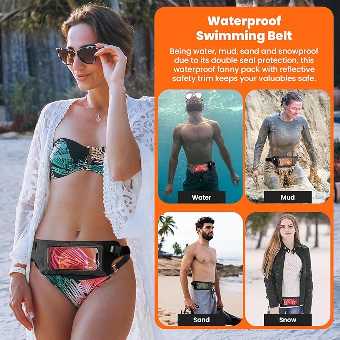 Ultimate Black Waterproof Running & Swimming Belt - Essentials Holder for Gym, Beach, Kayaking, Ski - Fits iPhone, Samsung - Touchscreen IPX8 Dry Waist Bag Pouch - Adventure-Ready Performance