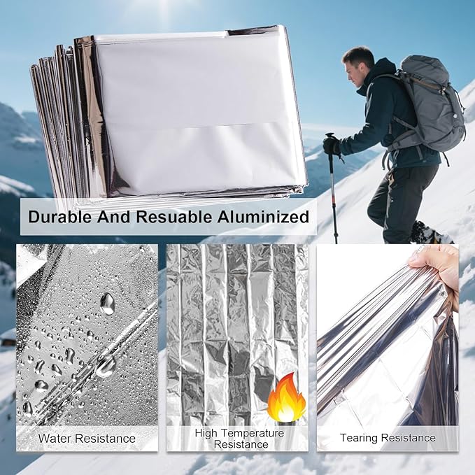 Emergency Blankets, Mylar Blankets, Space Thermal Blanket Survival Gear, Foil Blankets for Warmth, Heat Reflective Blanket for Outdoor Camping, Hiking, First Aid, Marathons, Bug Out Bag, Car Emergency