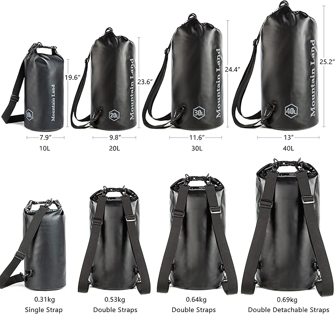 Mountain Land Waterproof Beach Dry Bag 30L Roll Top Backpack Boat Bag Dry Sack for Kayaking Rafting Fishing Hiking Camping Black