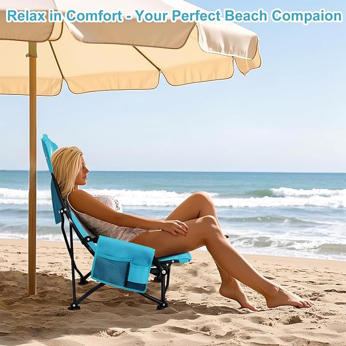 Oileus Folding Portable Beach Chair, High-Back Low-Seat Lightweight Chair for Beach Tents, Shelters, and Camping, Full Mesh Backrest | Cup Holder | Storage Bag | Carrying Bag | 2 Armrests