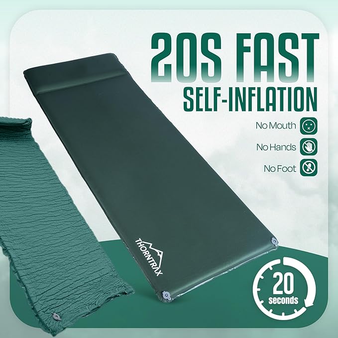 Throntrax Camping Sleeping Pad - Ultralight Camping Mat with Pillow Built-in - 3.1" Thick | Self-Inflating & Suitable for All Seasons - Compact Sleeping Pad for Camping - Green